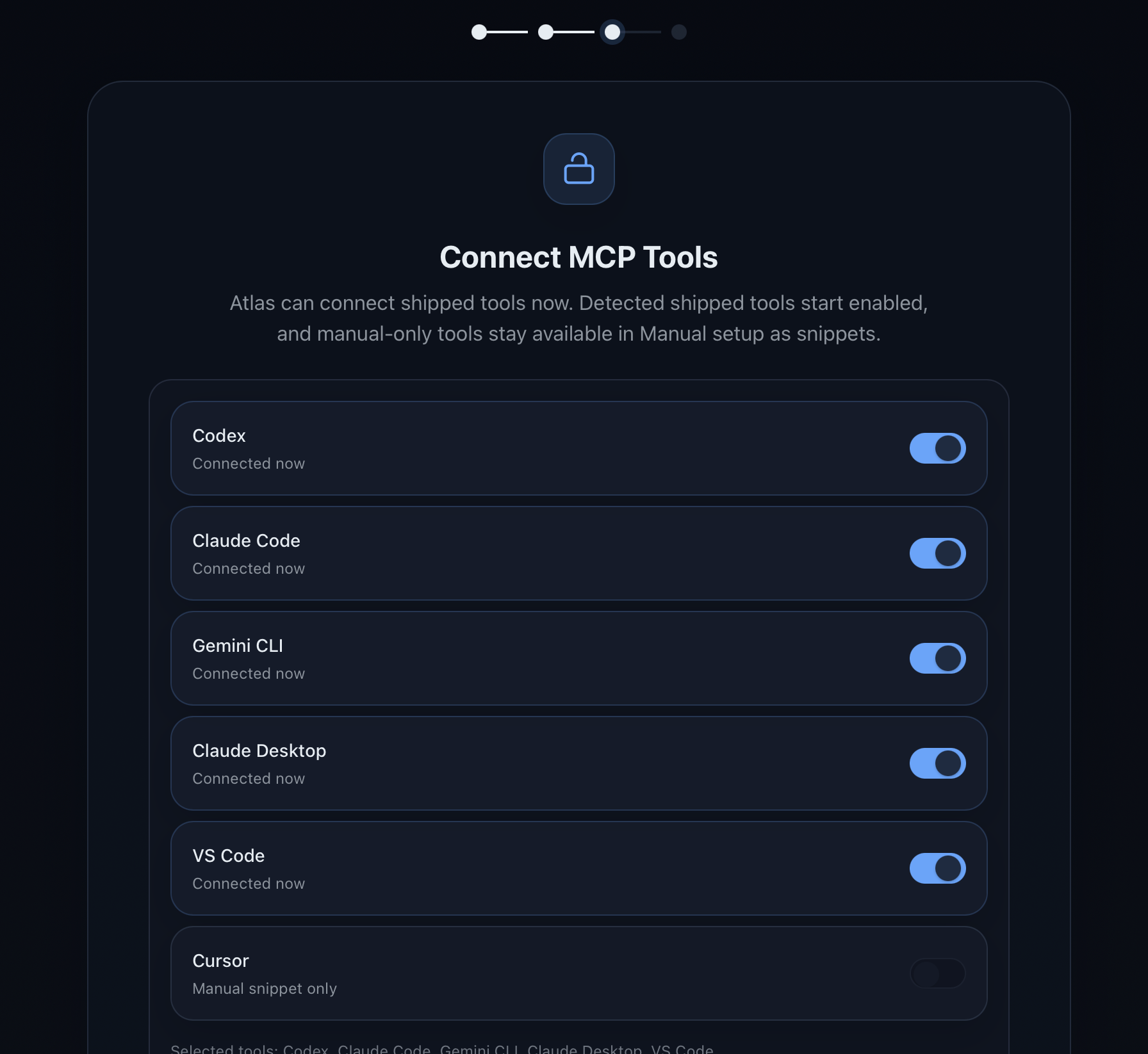 Atlas Connect MCP Tools screen showing Codex, Claude Code, Gemini CLI, Claude Desktop, VS Code, and Cursor