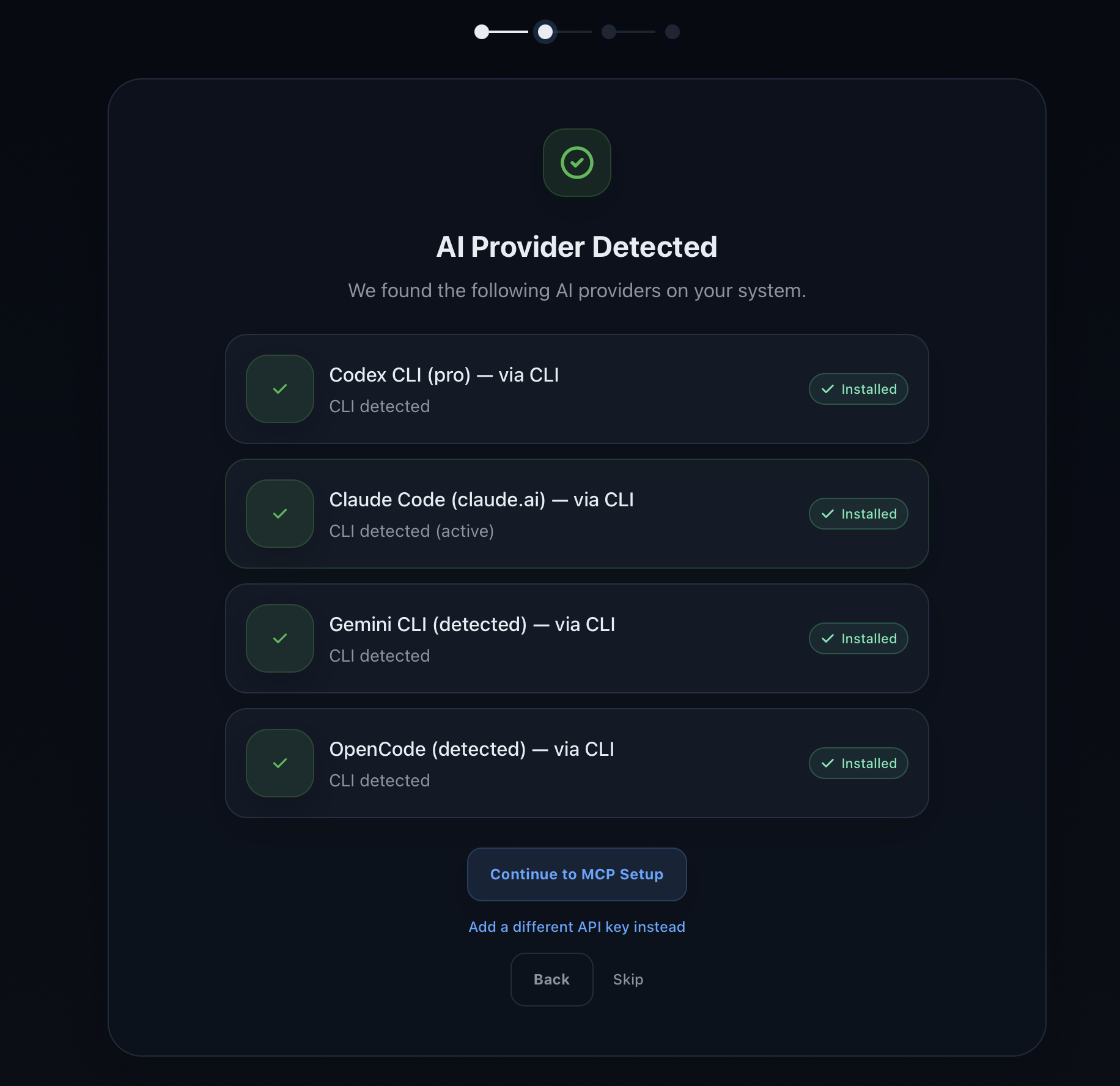 Atlas first-run AI Provider Detected screen showing Codex, Claude Code, Gemini CLI, and OpenCode